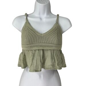 Hollister Sage Green Knit Gauze Peplum Cami Crop Top Smocked XS Fairycore Boho